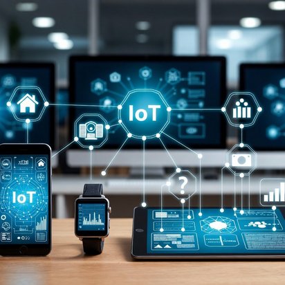 Visualisatie van het Internet of Things (IoT) met onderling verbonden apparaten zoals smartphone, smartwatch en dashboards op schermen, die data-uitwisseling en digitale monitoring weergeven.