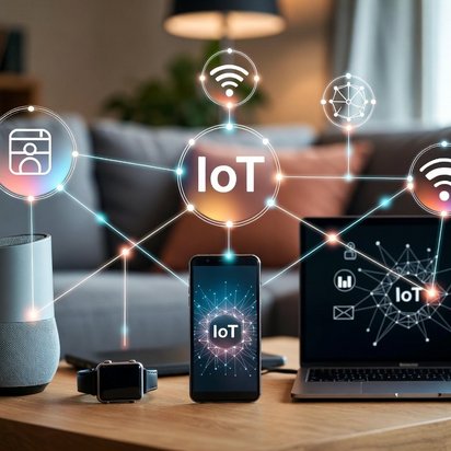 Visualisatie van het Internet of Things (IoT) met onderling verbonden apparaten zoals smartphone, smartwatch en dashboards op schermen, die data-uitwisseling en digitale monitoring weergeven.