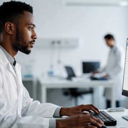 Doctor woroking on a laptop with secure patient data 