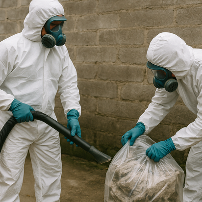 Personen in beschermende kleding tijdens het uitvoeren van asbestverwijdering