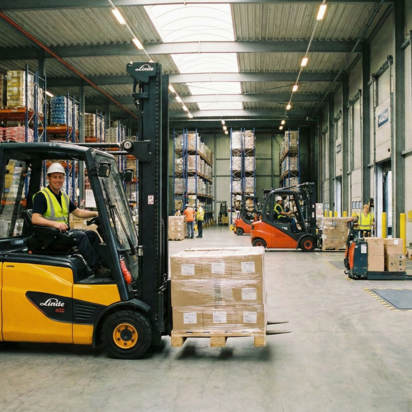 Inspecteur voert een keuring uit van hijs- en hefmiddelen in een magazijn.