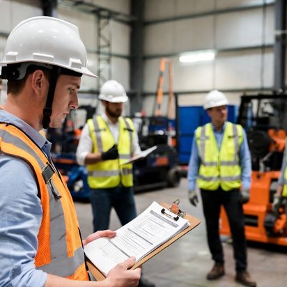 Inspecteur met veiligheidshelm en reflecterend vest controleert een checklist in een industriële werkomgeving.