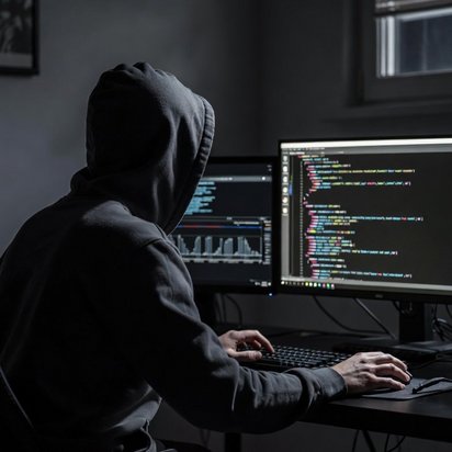 Persoon met capuchon achter computerinstallatie als illustratie van cyberdreiging of hacking.