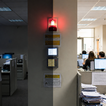 ISO 22301 certificering on the left en empty office iwth alarm going of. On the right an office with people working