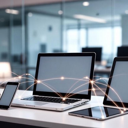 Visualisatie van het Internet met onderling verbonden apparaten zoals smartphone, tablet en dashboards op schermen, die data-uitwisseling en digitale monitoring weergeven.