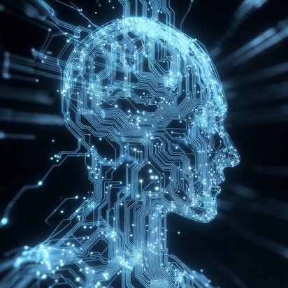 Digitale weergave van een menselijk hoofd opgebouwd uit lichtgevende circuits en datalijnen.