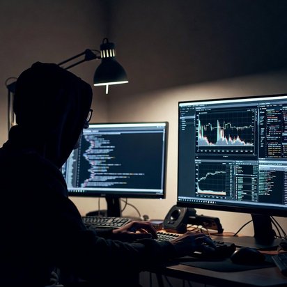 Persoon met capuchon achter laptop als illustratie van cyberdreiging of hacking.