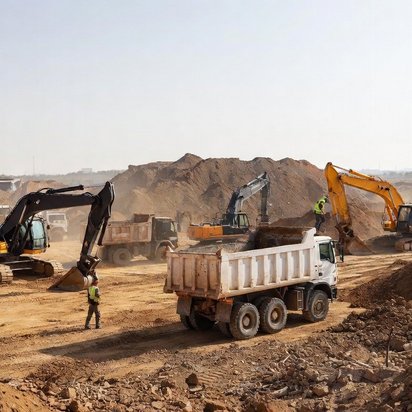 Meerdere graafmachines en vrachtwagens voeren grondverzet uit op een bouwplaats voor BRL SIKB 7000 certificering.