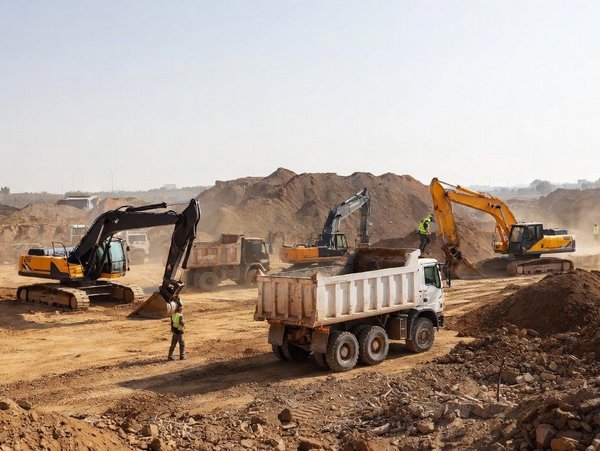 Meerdere graafmachines en vrachtwagens voeren grondverzet uit op een bouwplaats voor BRL SIKB 7000 certificering.