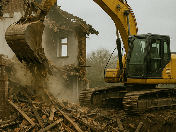 Graafmachine sloopt een gebouw tijdens sloopwerkzaamheden in het kader van BRL SVMS-007 certificering.