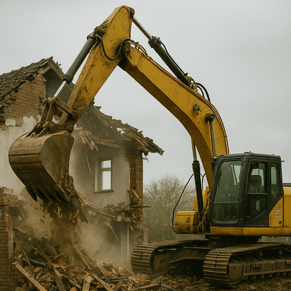 Vraag een offerte aan bij TÜV NORD voor BRL SVMS-007 certificering. Graafmachine sloopt een gebouw tijdens sloopwerkzaamheden in het kader van BRL SVMS-007 certificering.